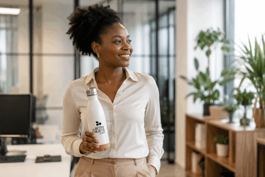 une collaboratrice d'entreprise avec une gourde à la main