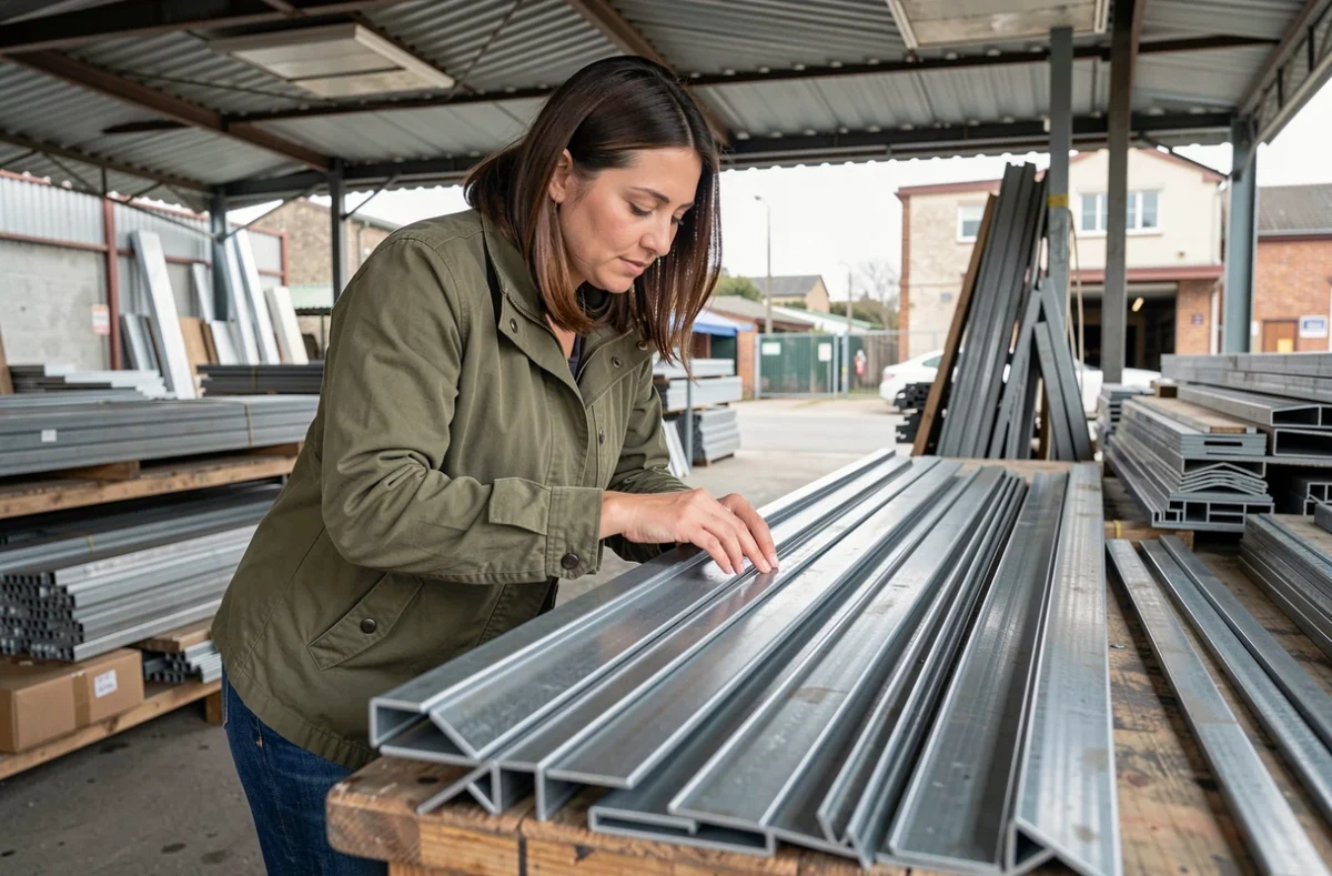 Femme comparant des barres de fer et cornières dans un marché de matériaux de construction en plein air
