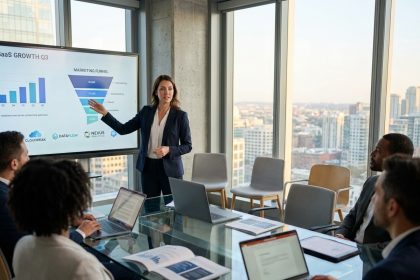 Consultante en agence marketing B2B présentant une stratégie digitale pour éditeurs de logiciels lors d'une réunion professionnelle