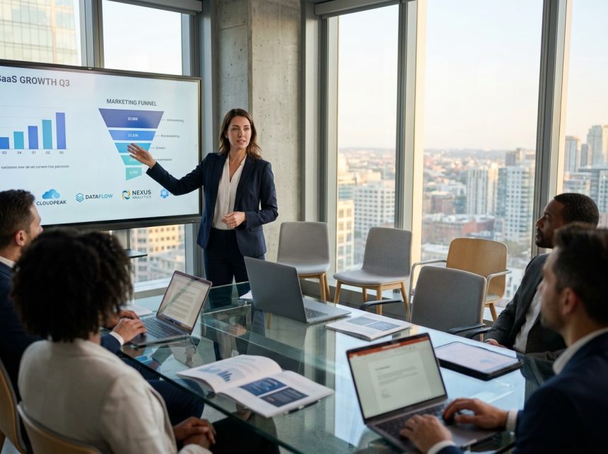 Consultante en agence marketing B2B présentant une stratégie digitale pour éditeurs de logiciels lors d'une réunion professionnelle