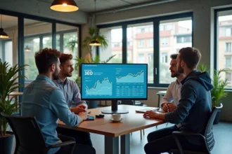 Équipe d'une agence digitale à Lyon travaillant sur une stratégie de référencement local devant un tableau de bord SEO