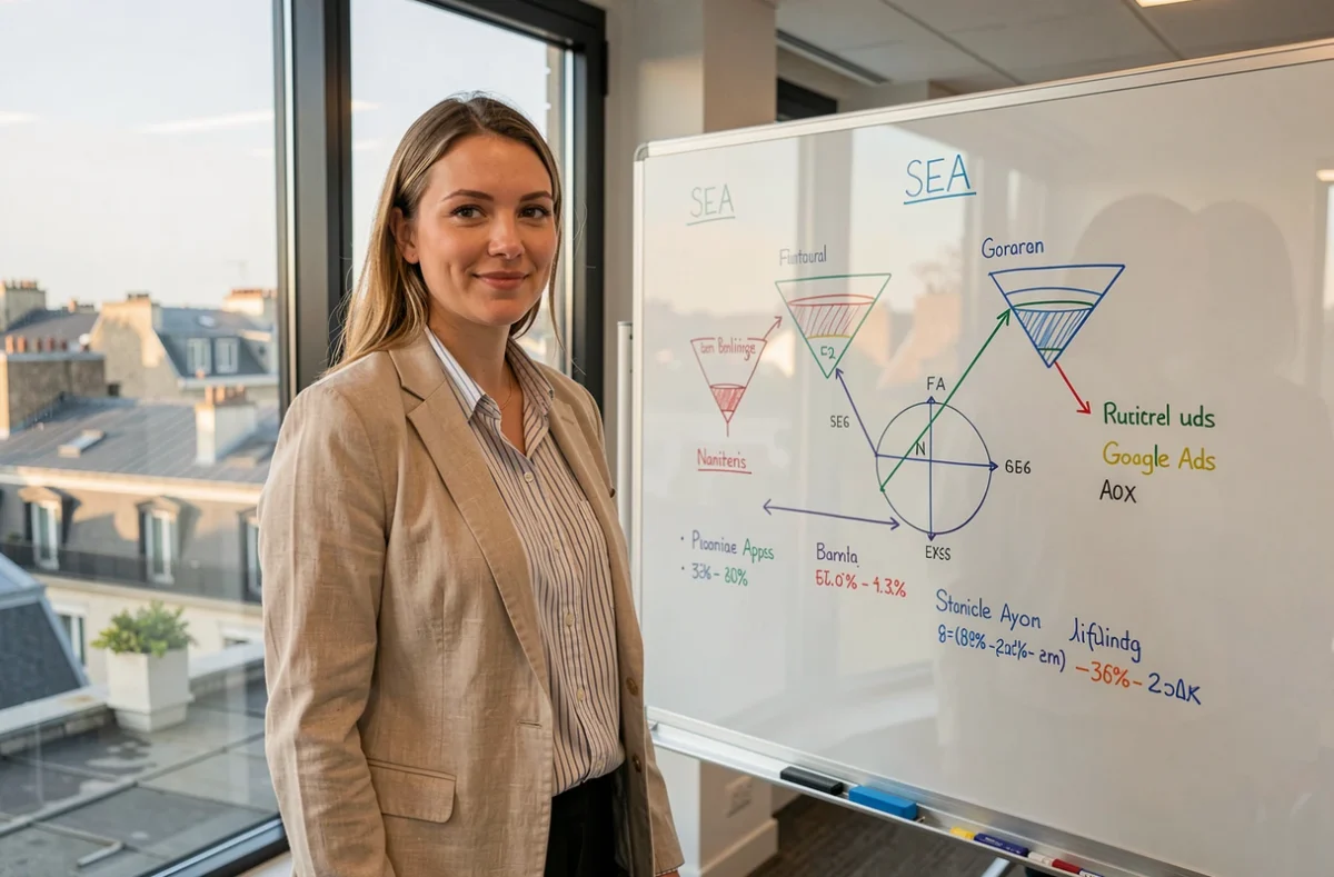 Consultante en acquisition digitale d'Ekko Media à Nantes devant un tableau de stratégie SEA