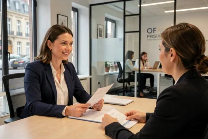 Consultante en recrutement d'une agence d'intérim en Normandie discutant avec un candidat dans un bureau moderne