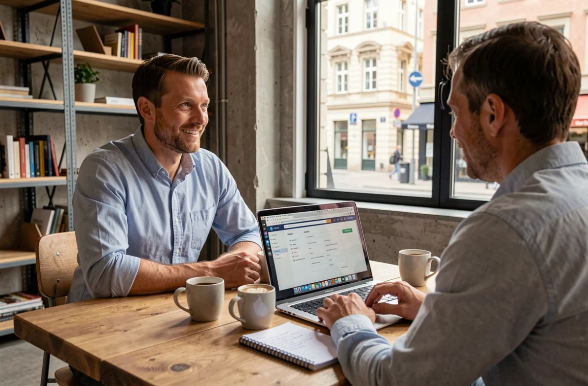 Conseiller de l'agence Advisa en réunion client dans un espace de co-working alsacien, présentant un audit de site web