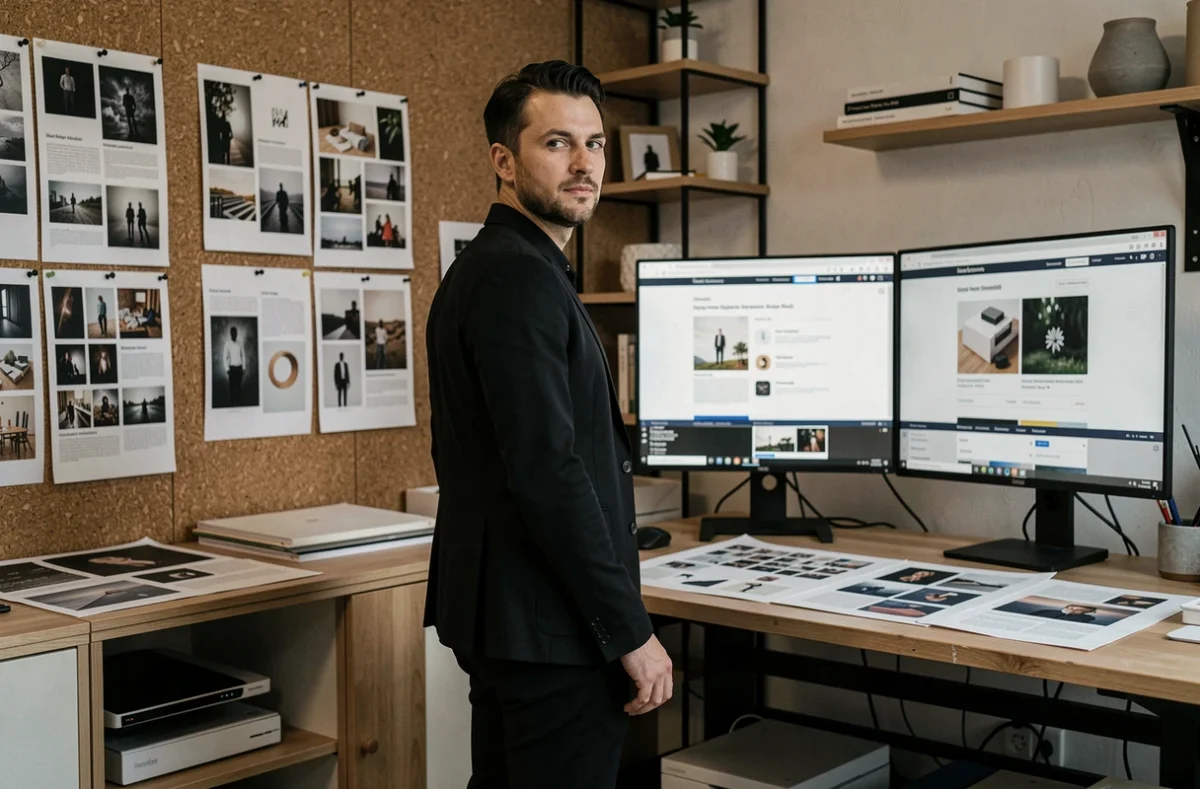Directeur créatif du B.RAUX STUDIO entouré de planches d'inspiration et d'écrans de conception dans un studio de design graphique et SEO