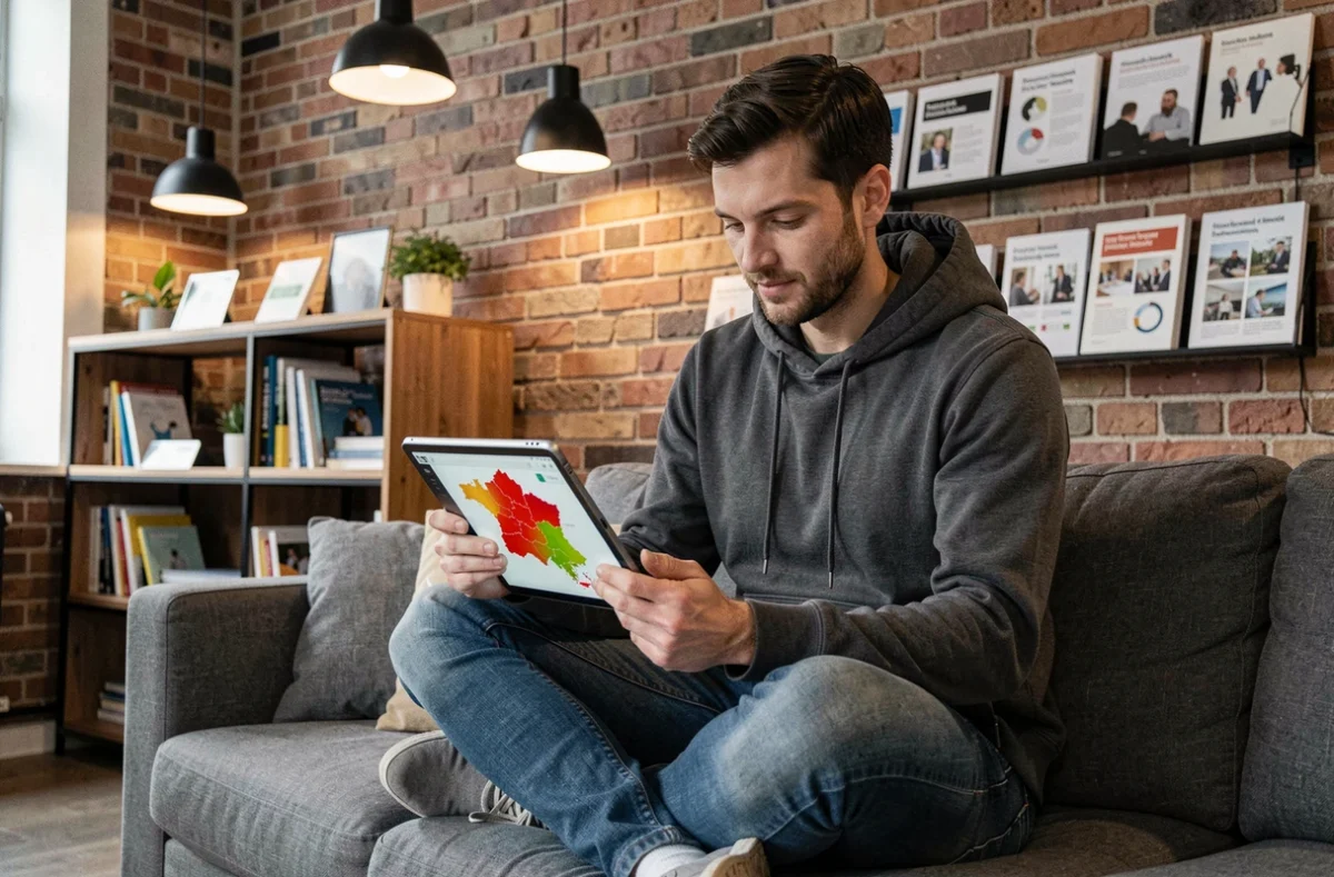 Stratège numérique de Digital Position consultant une carte de positionnement SEO sur tablette dans un espace de travail moderne