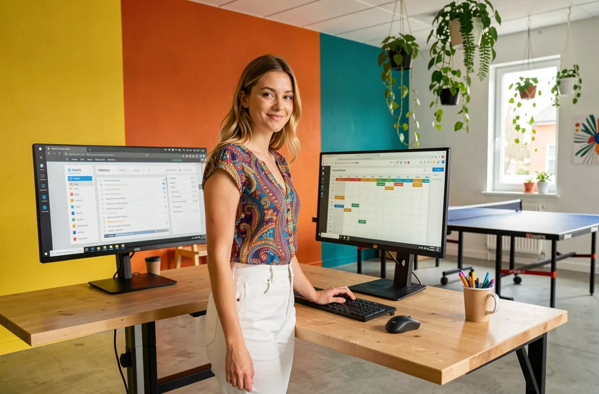 Spécialiste SEO de l'agence K4tegori travaillant sur des outils de recherche de mots-clés dans un studio créatif coloré