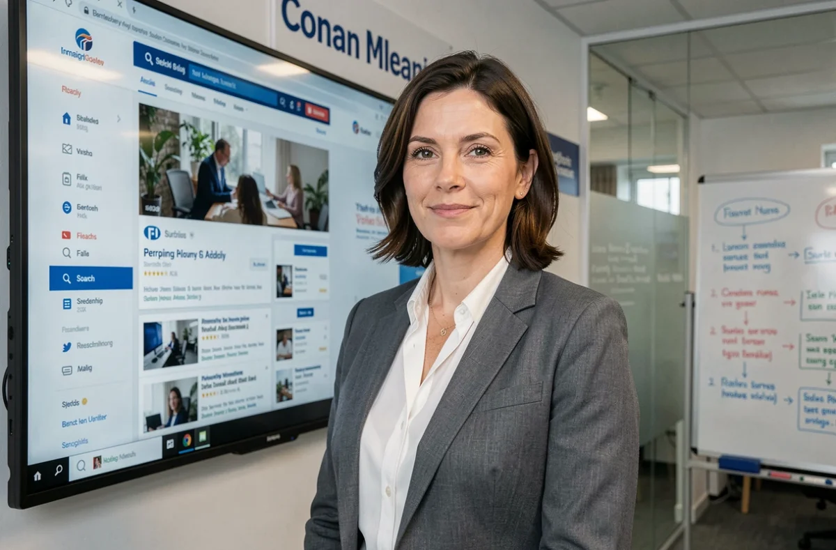Directrice de l'agence Première Place présentant une stratégie de référencement avec un site en première position sur Google