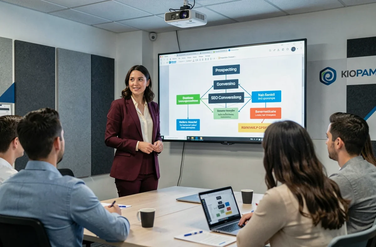 Consultante de l'agence Prospectiv présentant un entonnoir de conversion SEO lors d'une formation en salle de réunion moderne