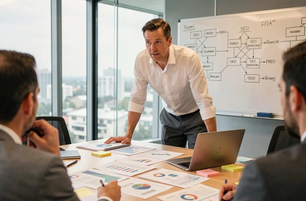Consultant de l'agence Pullseo animant une session de stratégie SEO autour d'une table de réunion avec des rapports analytiques