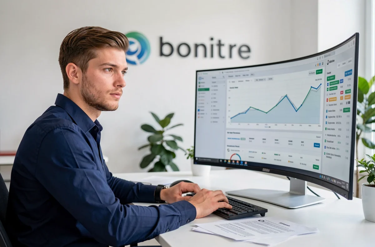 Consultant SEO de l'agence Tiz analysant des rapports de performance sur écran dans un bureau moderne