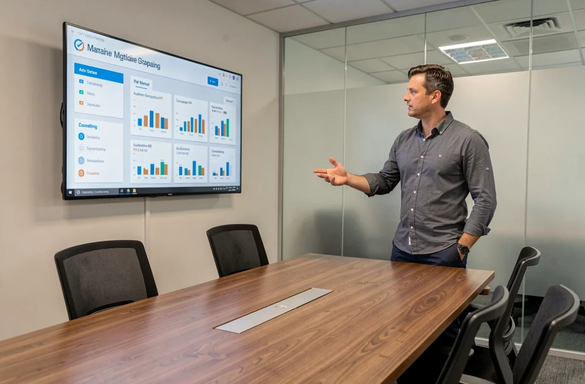 Expert en marketing digital de l'agence Staenk au Mans présentant une stratégie de campagne