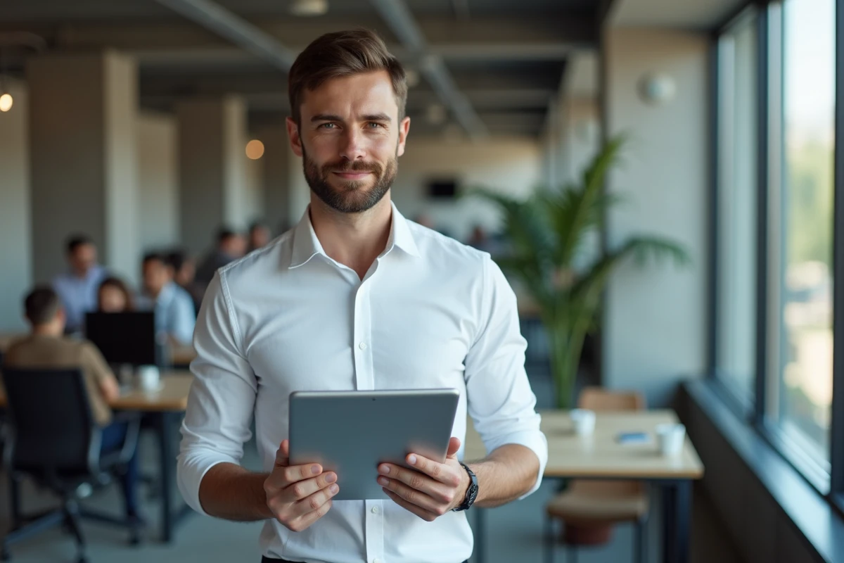 Agent courtier AXA consultant l'extranet sur une tablette numérique dans un espace de coworking