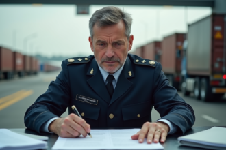 Agent de douane inspectant des documents d'exportation