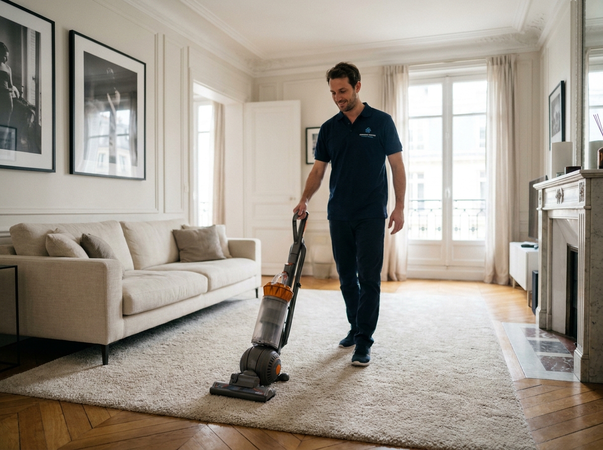 Agent d'entretien masculin passant l'aspirateur dans un salon cosy d'appartement haussmannien