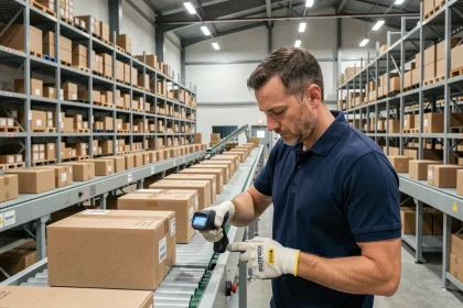 Agent logistique scannant des colis sur un tapis roulant dans un hub de tri Mondial Relay en 2026