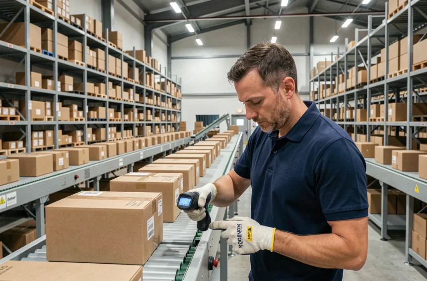 Agent logistique scannant des colis sur un tapis roulant dans un hub de tri Mondial Relay en 2026