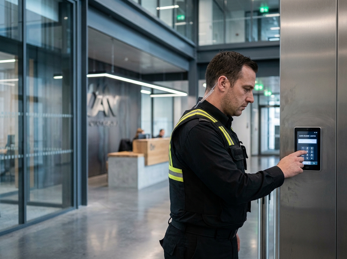 Agent rondier vérifiant un système de contrôle d'accès dans le hall d'un immeuble de bureaux à Nantes