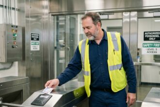 Agent de securite en industrie scannant un badge