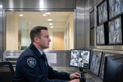 Agent de securite surveillant des ecrans de CCTV dans un bureau