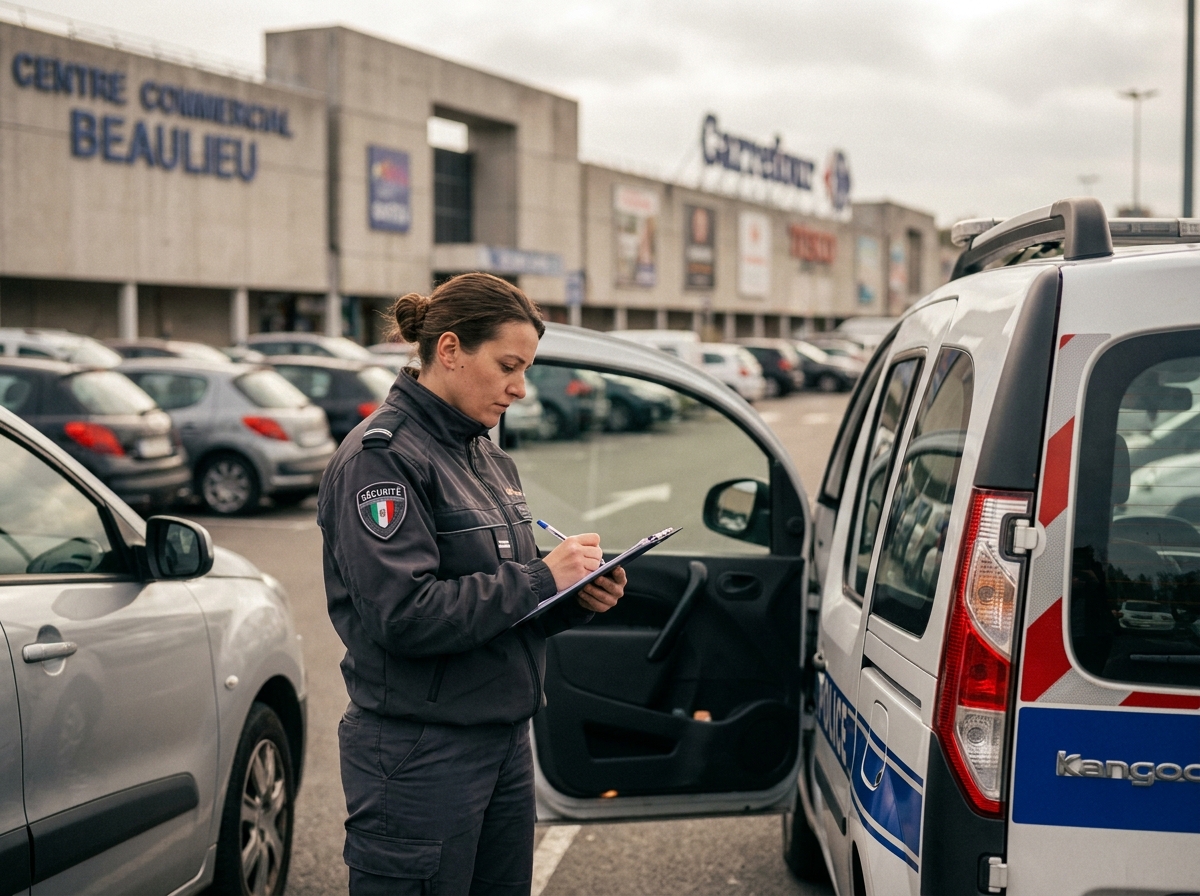 Agente de sécurité rondière notant ses observations lors d'une ronde en véhicule dans un parking commercial à Nantes