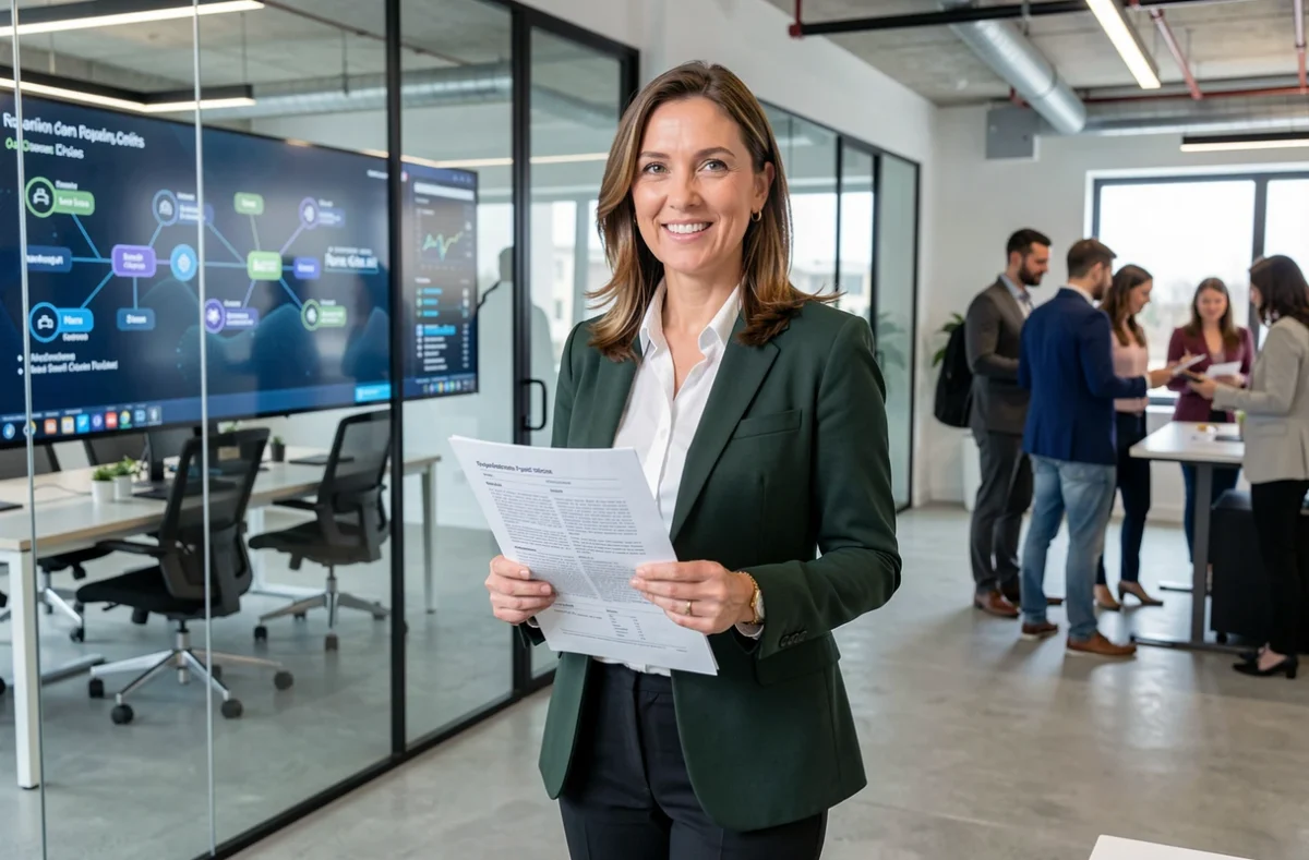 Chargée de projet de l'Alsace Innovation présentant une feuille de route technologique dans un hub d'innovation moderne