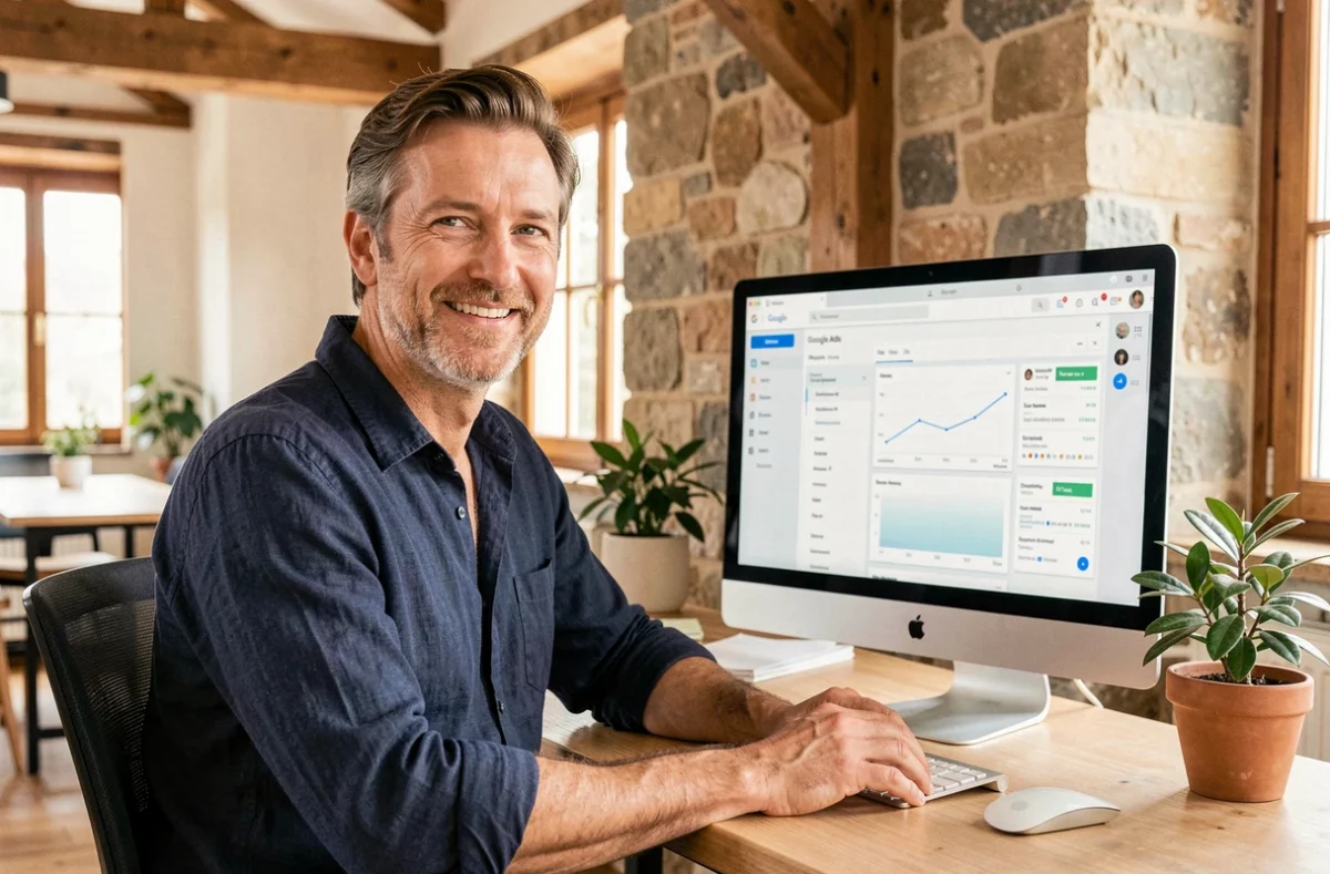Consultant Google Ads de l'agence Amyral travaillant sans engagement sur des campagnes SEA dans un espace de coworking en Auvergne