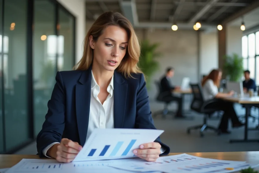 Femme d'affaires analysant des avis clients imprimés dans un bureau moderne, illustrant la fiabilité des plateformes d'avis en ligne pour les entreprises