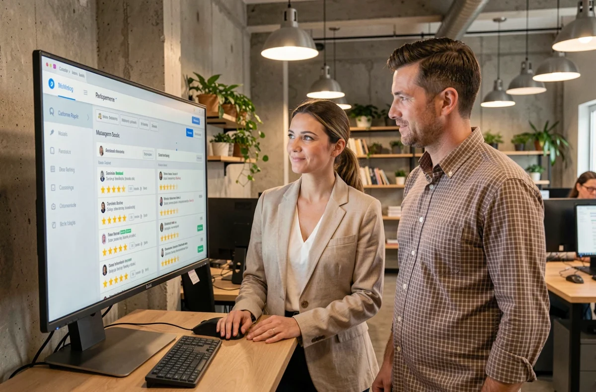 Deux collègues analysant ensemble un tableau de bord d'avis clients Smartbox sur un écran dans un espace de coworking