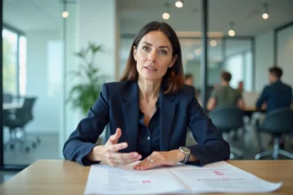 Professionnelle en réunion B2B analysant un document annoté avec des notes manuscrites, illustrant l'importance des verbatims clients dans la stratégie commerciale