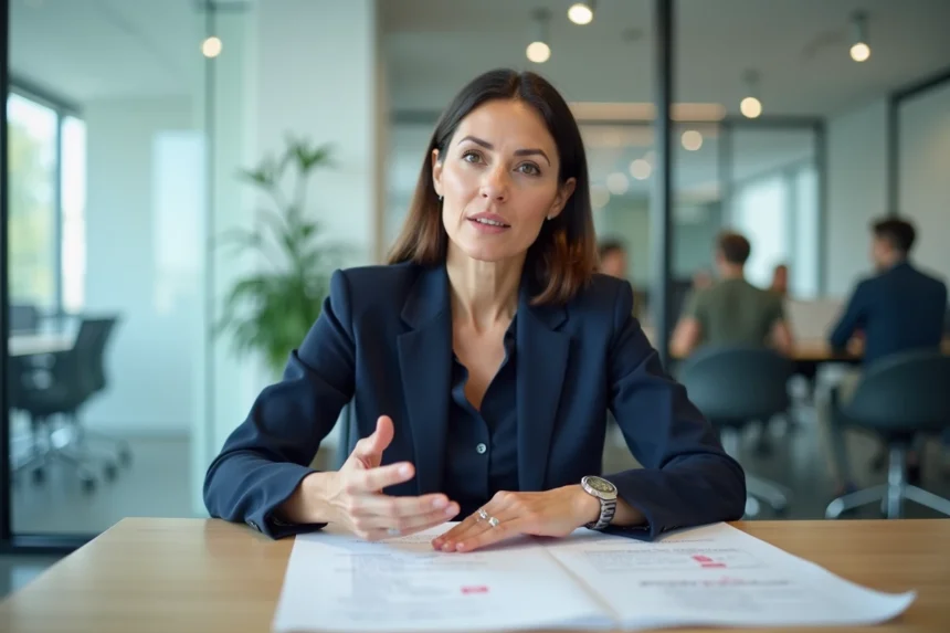Professionnelle en réunion B2B analysant un document annoté avec des notes manuscrites, illustrant l'importance des verbatims clients dans la stratégie commerciale