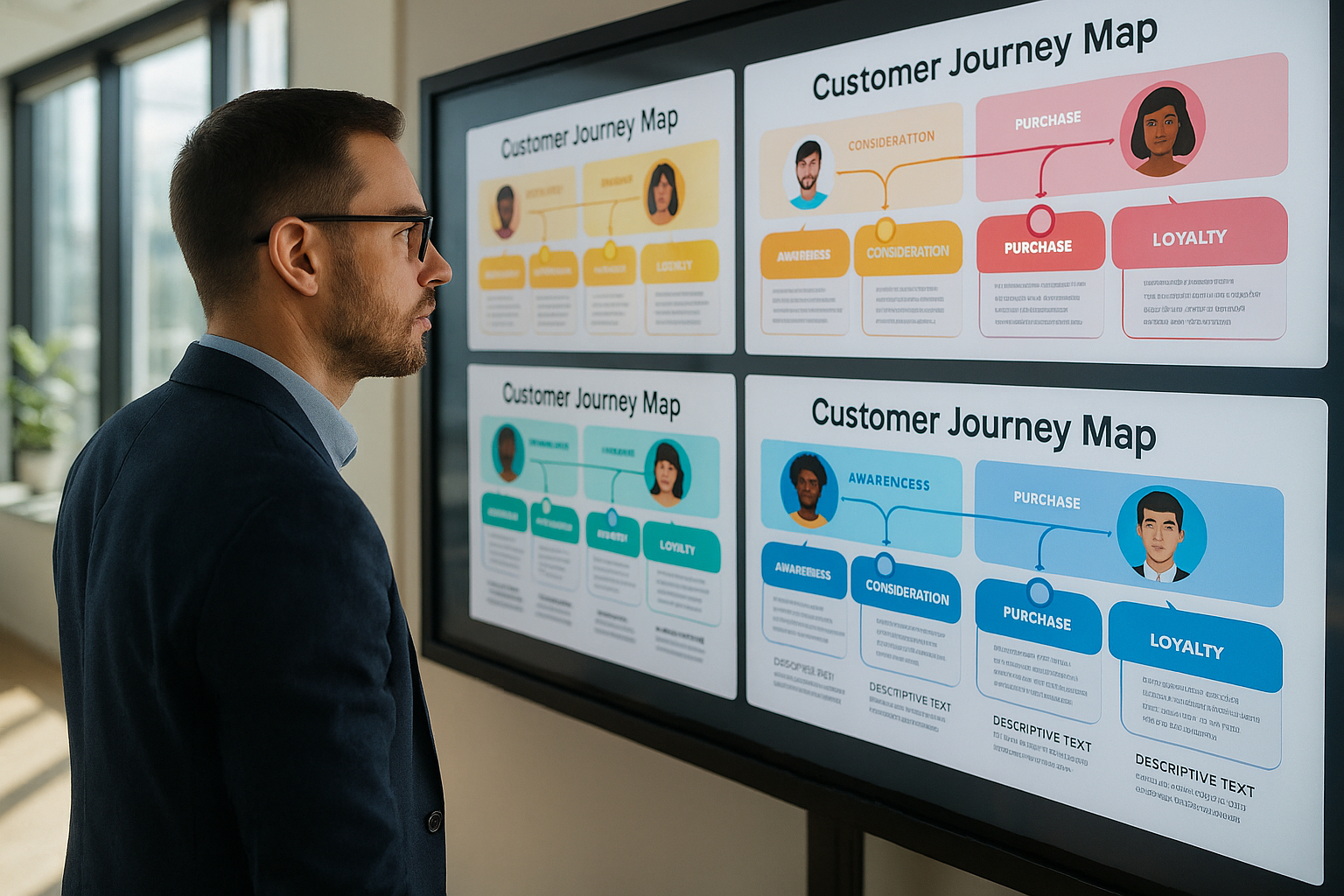 Professionnel marketing analysant cartes de parcours client numériques