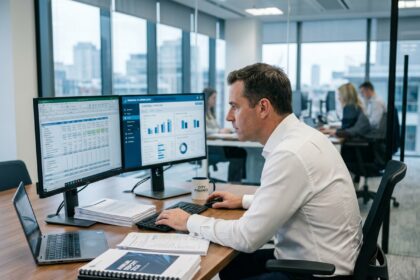 Analyste financier examinant des tableaux de bord Oracle Hyperion Planning sur des écrans de bureau dans un environnement de bureau moderne