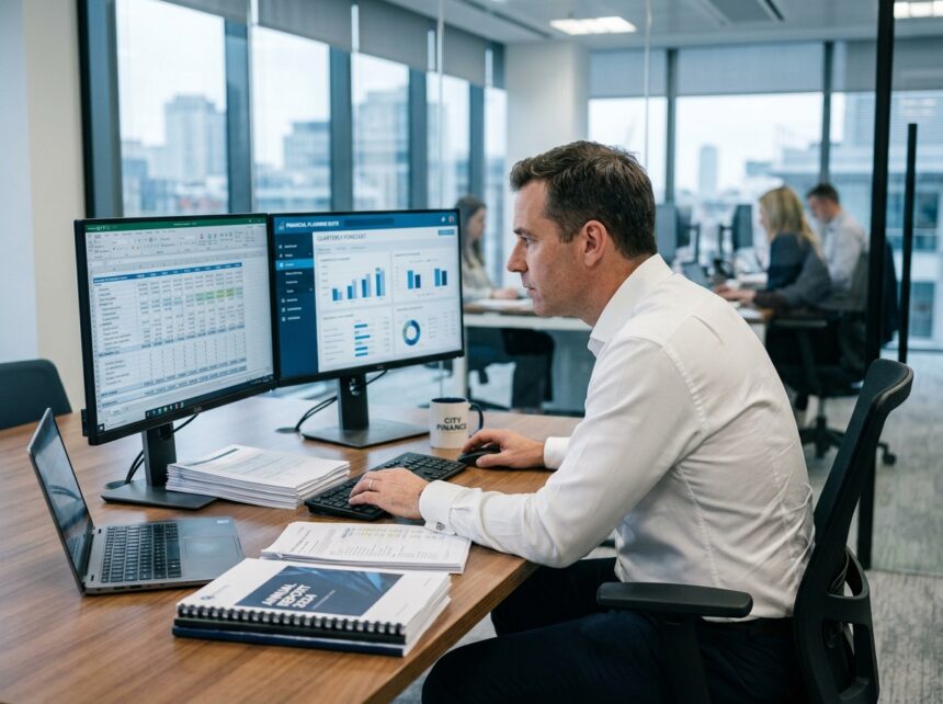 Analyste financier examinant des tableaux de bord Oracle Hyperion Planning sur des écrans de bureau dans un environnement de bureau moderne