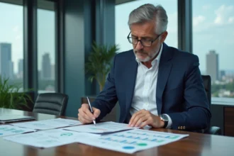 Analyste financier expérimenté examinant des rapports d'investissement dans un bureau d'entreprise moderne en 2026