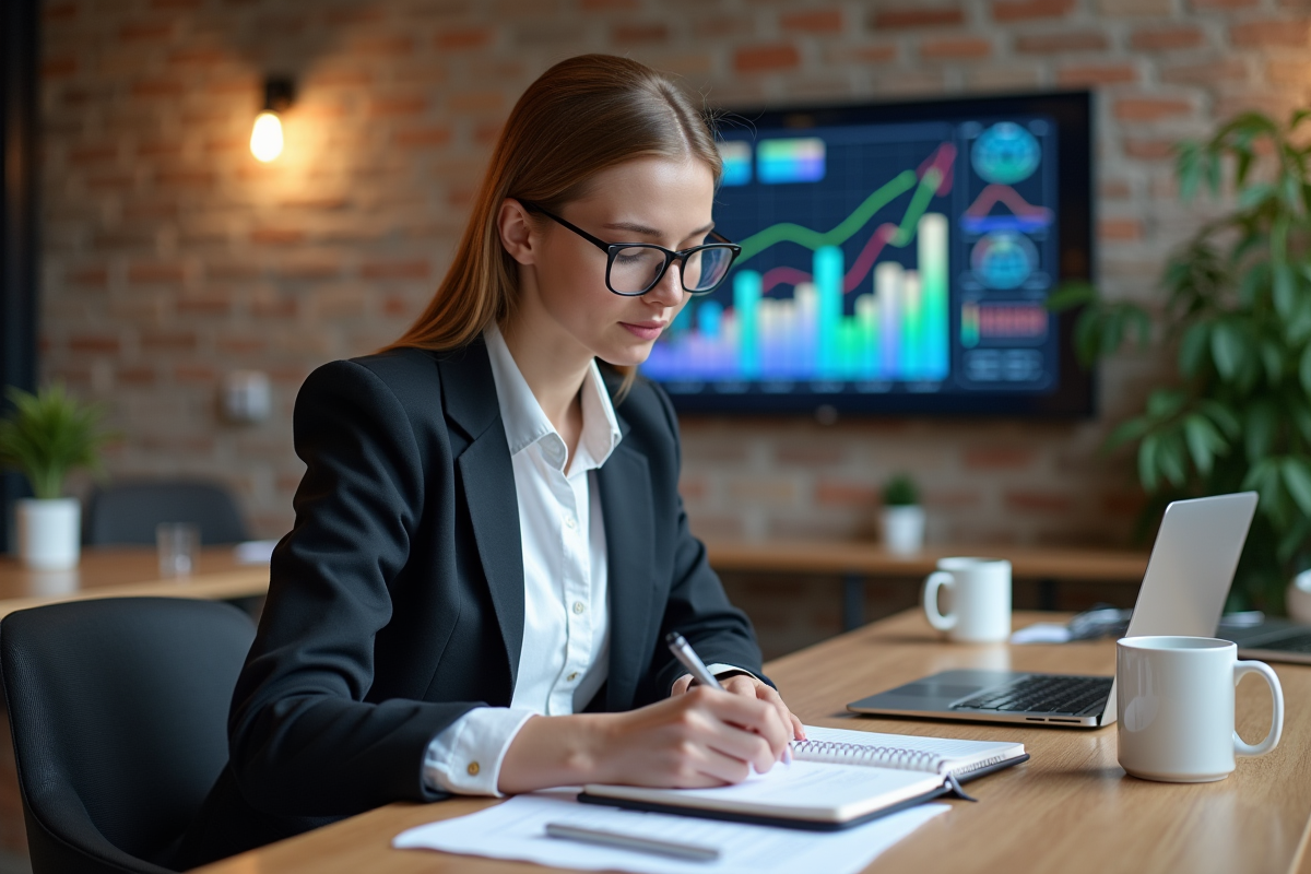 Jeune femme marketing note des graphiques ROI