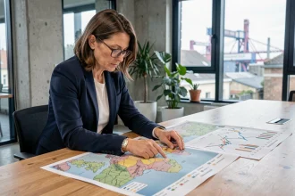 Analyste économique étudiant des indicateurs territoriaux et des cartes économiques locales dans un bureau moderne