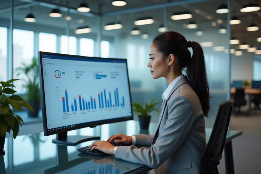 Femme analyste marketing examinant des indicateurs de campagne PPC sur un écran d'ordinateur dans un bureau moderne