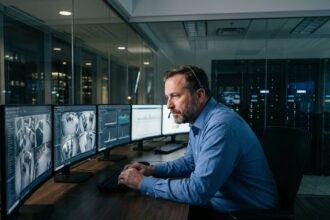 Analyste securite au bureau surveillant des ecrans