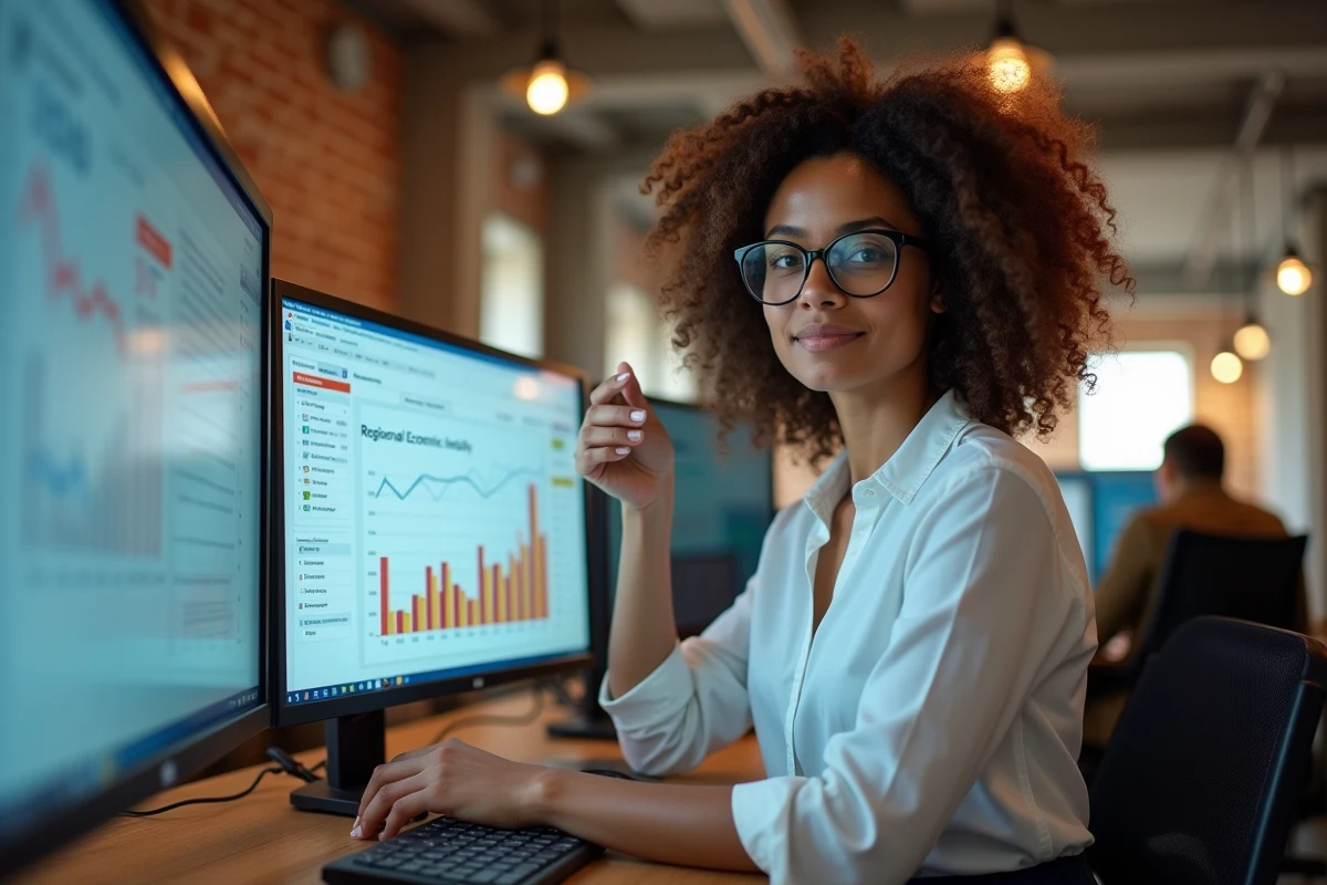 Analyste de données territoriales travaillant sur des tableaux de bord économiques locaux dans un espace de coworking industriel