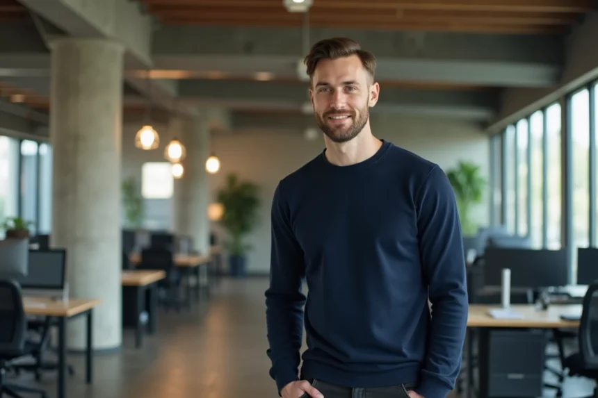Portrait d'Arthur Mensch, fondateur de Mistral AI, dans un bureau technologique moderne, style éditorial