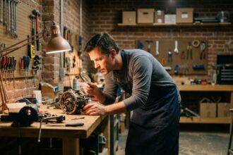 Artisan travaillant de nuit dans son atelier avec un éclairage de travail bien positionné pour réduire la fatigue visuelle