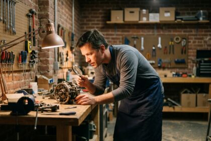 Artisan travaillant de nuit dans son atelier avec un éclairage de travail bien positionné pour réduire la fatigue visuelle