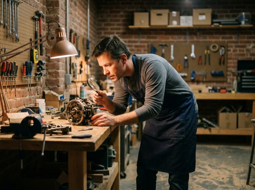 Artisan travaillant de nuit dans son atelier avec un éclairage de travail bien positionné pour réduire la fatigue visuelle