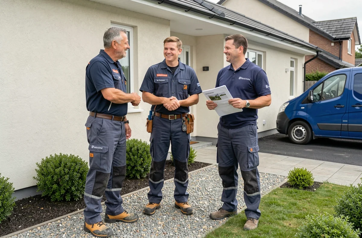 Artisans du bâtiment et propriétaire satisfait se serrant la main devant une maison rénovée à la fin d'un chantier réussi