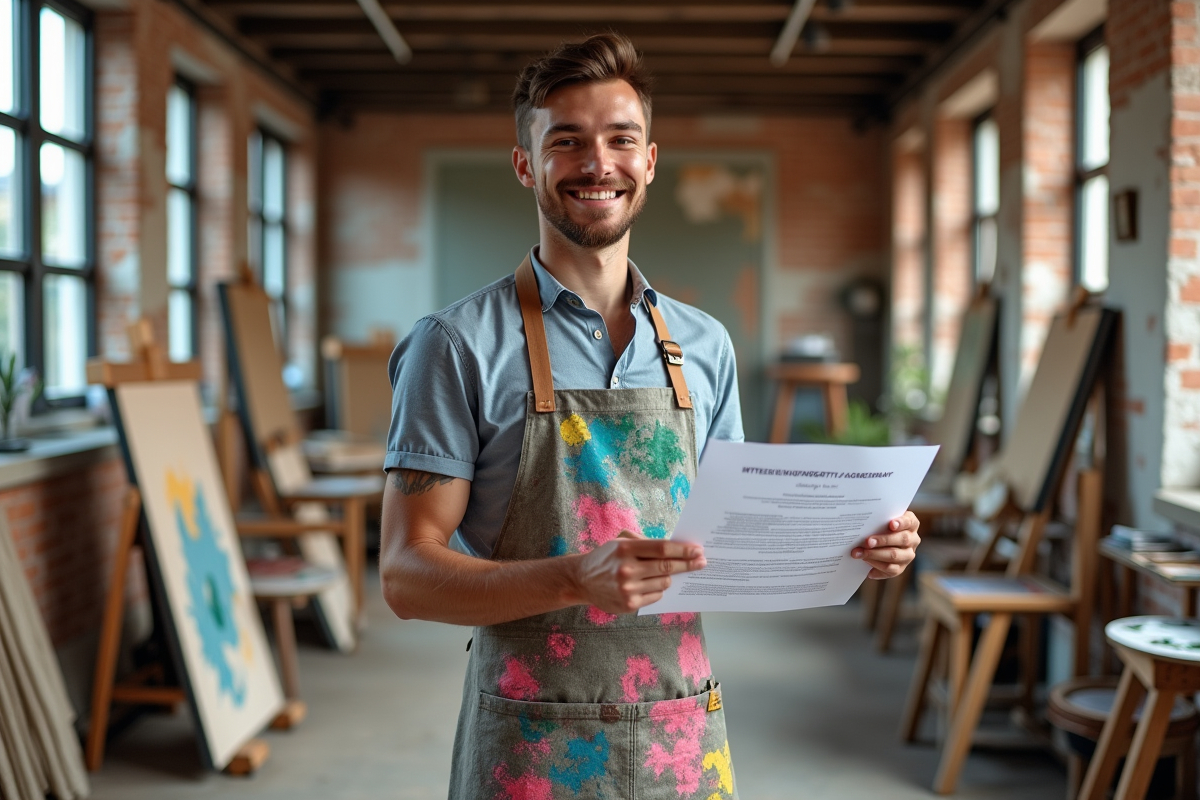 Jeune artiste dans son atelier avec une toile colorée