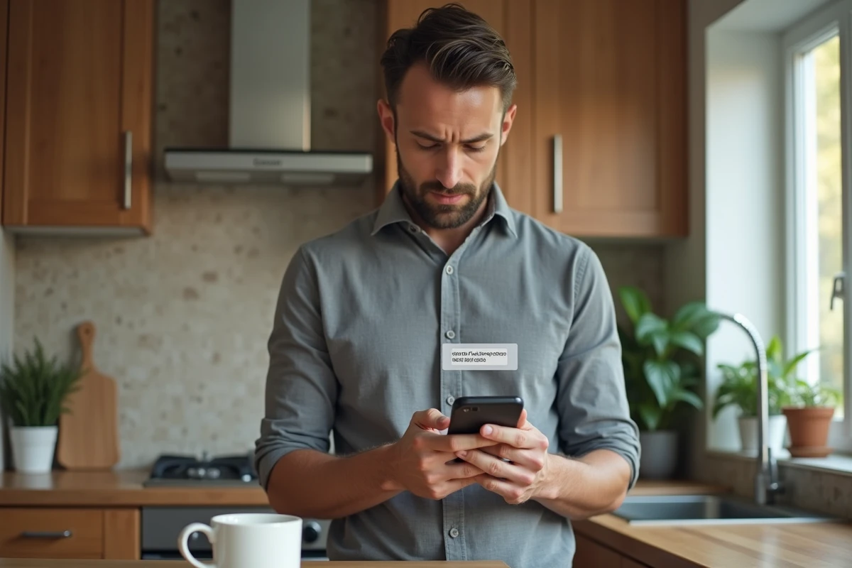 Homme vérifiant une notification d'authentification à deux facteurs sur smartphone pour protéger ses données bancaires
