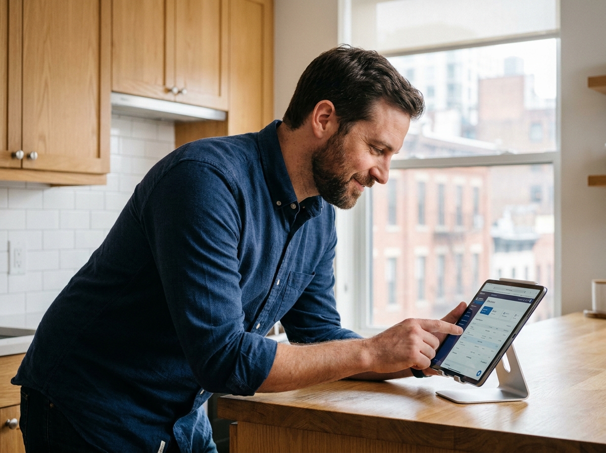 Auto-entrepreneur consultant utilisant une tablette pour gérer ses factures électroniques depuis sa cuisine