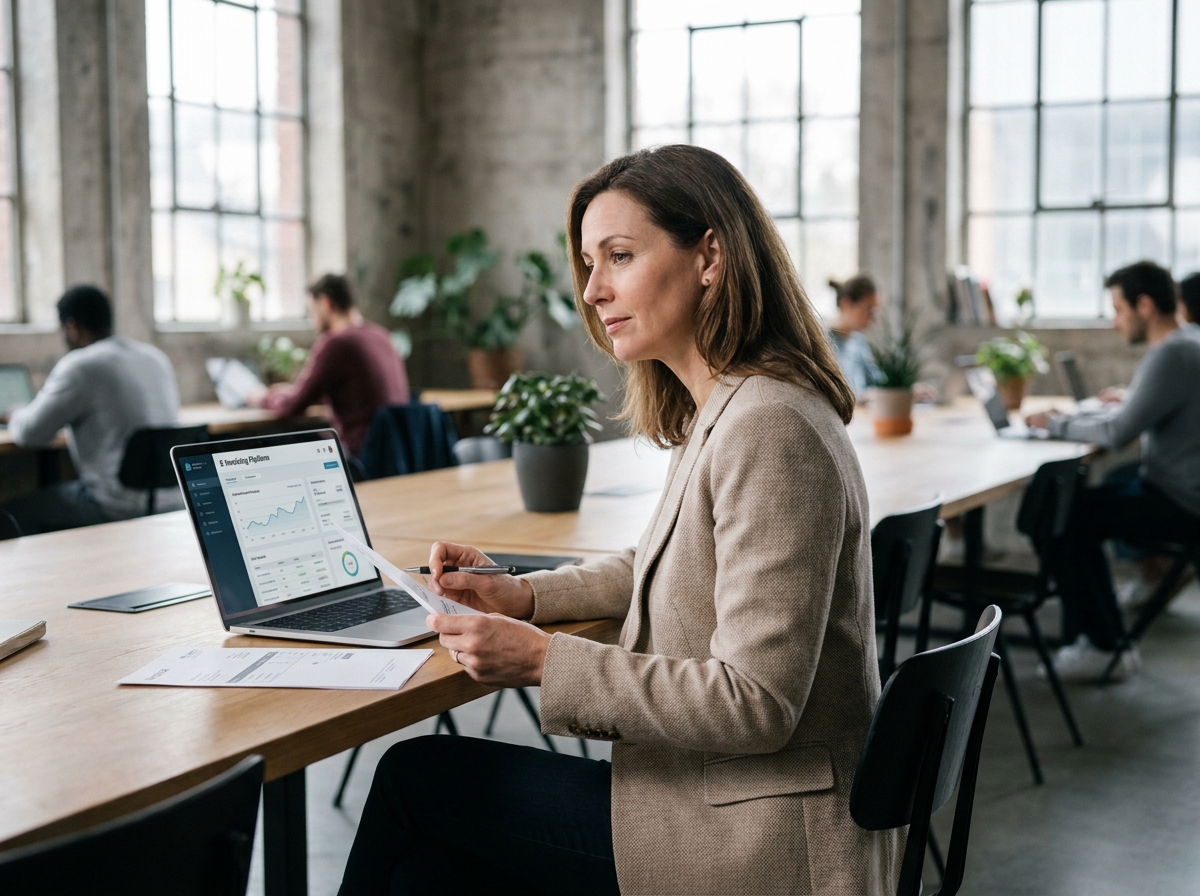 Femme auto-entrepreneuse comparant une facture papier et une facture électronique dans un espace de coworking