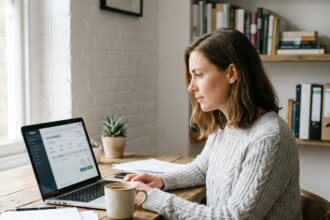 Auto-entrepreneuse en pull gris travaillant sur sa facture électronique depuis son bureau à domicile